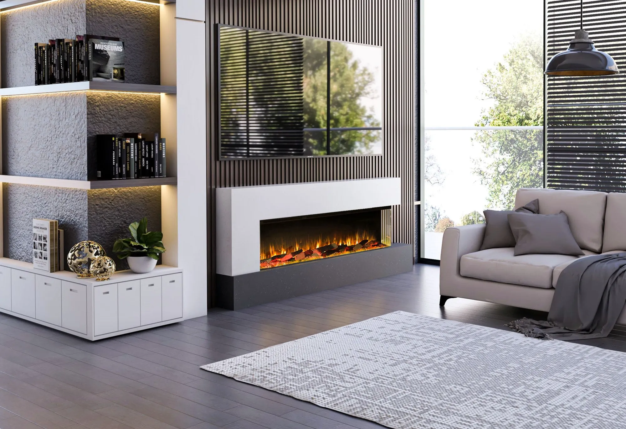 Contemporary inset fireplace in a modern living room