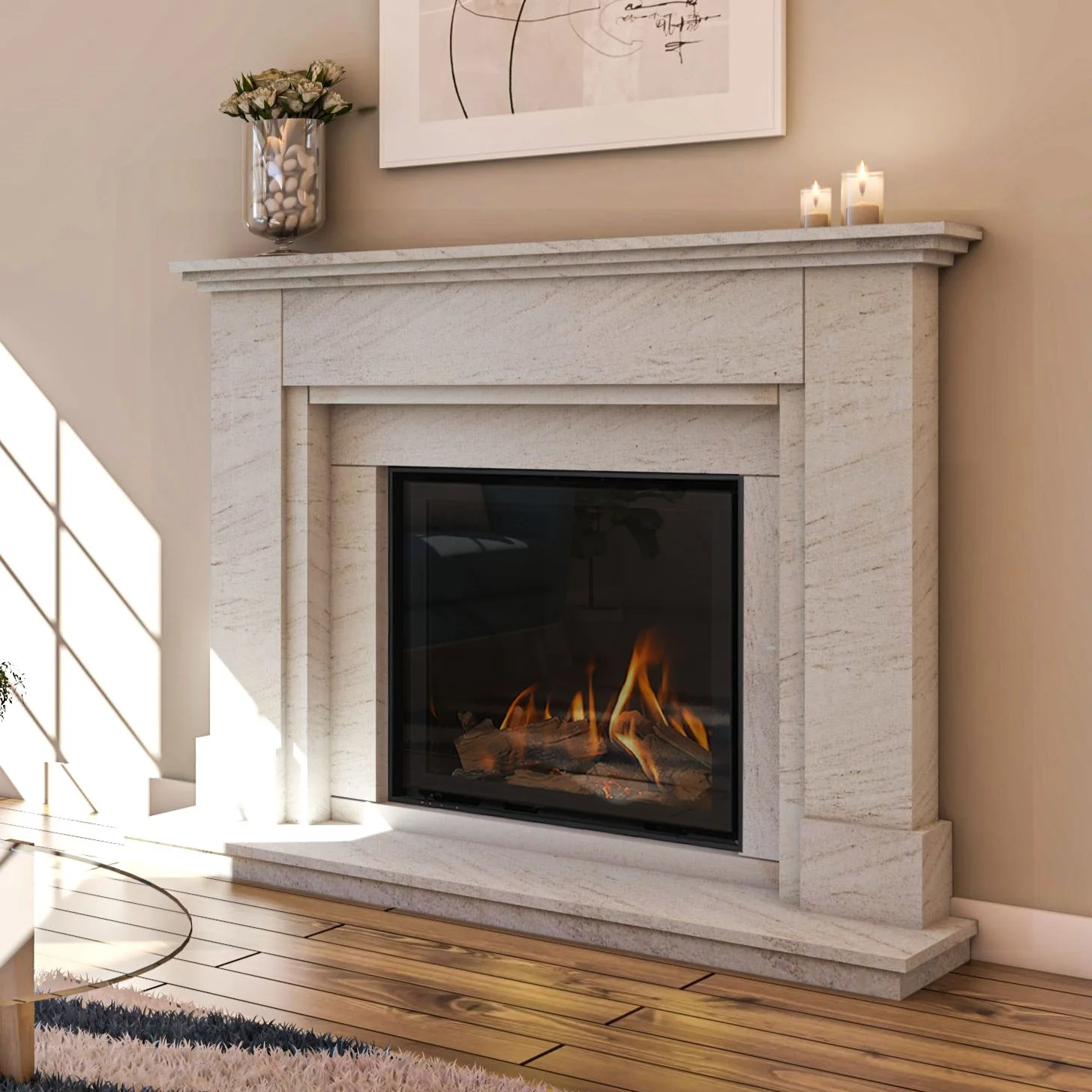 Deco Step Limestone Fireplace by Sontuoso Stone