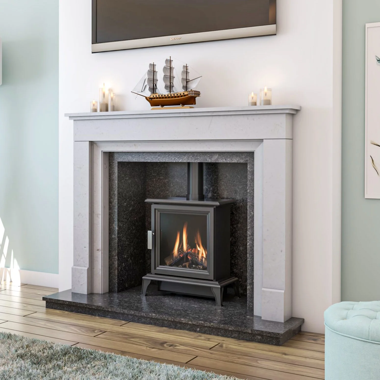 Limestone fireplace surround available from Sontuoso Stone