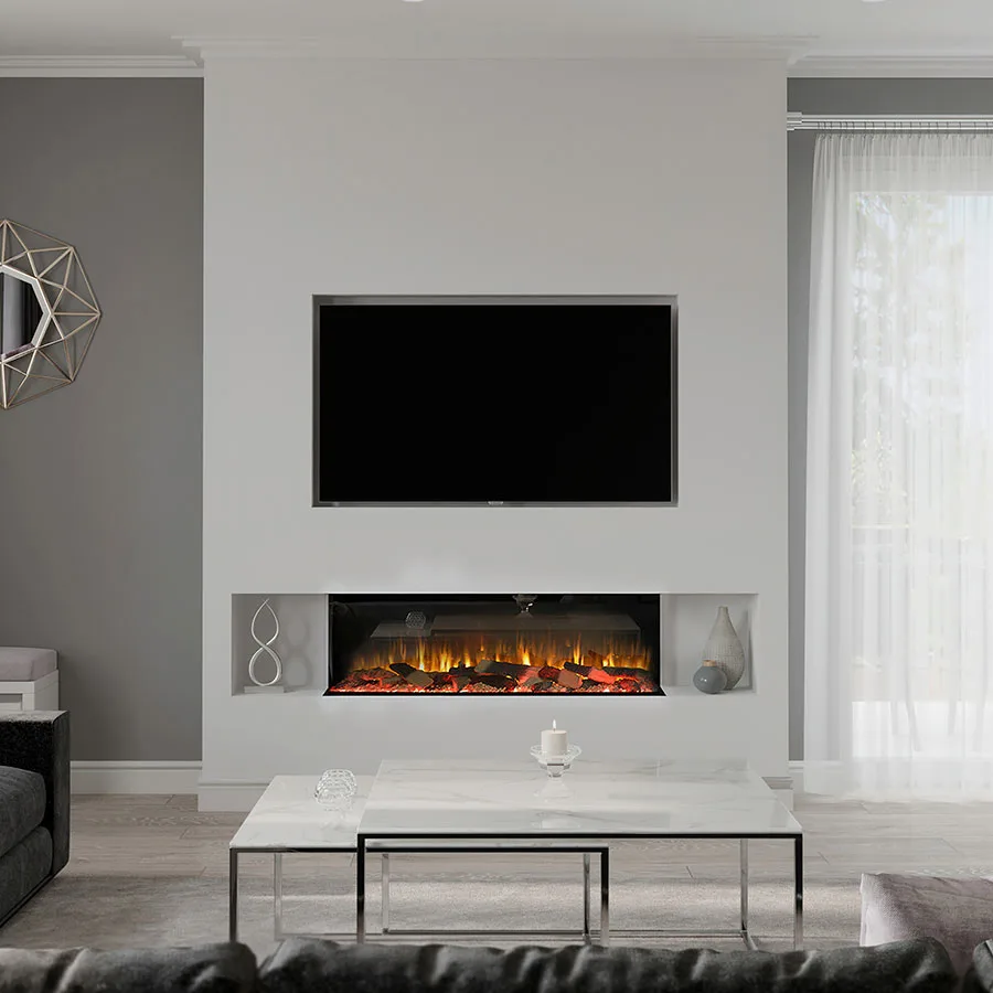 Electric fire set into a media wall