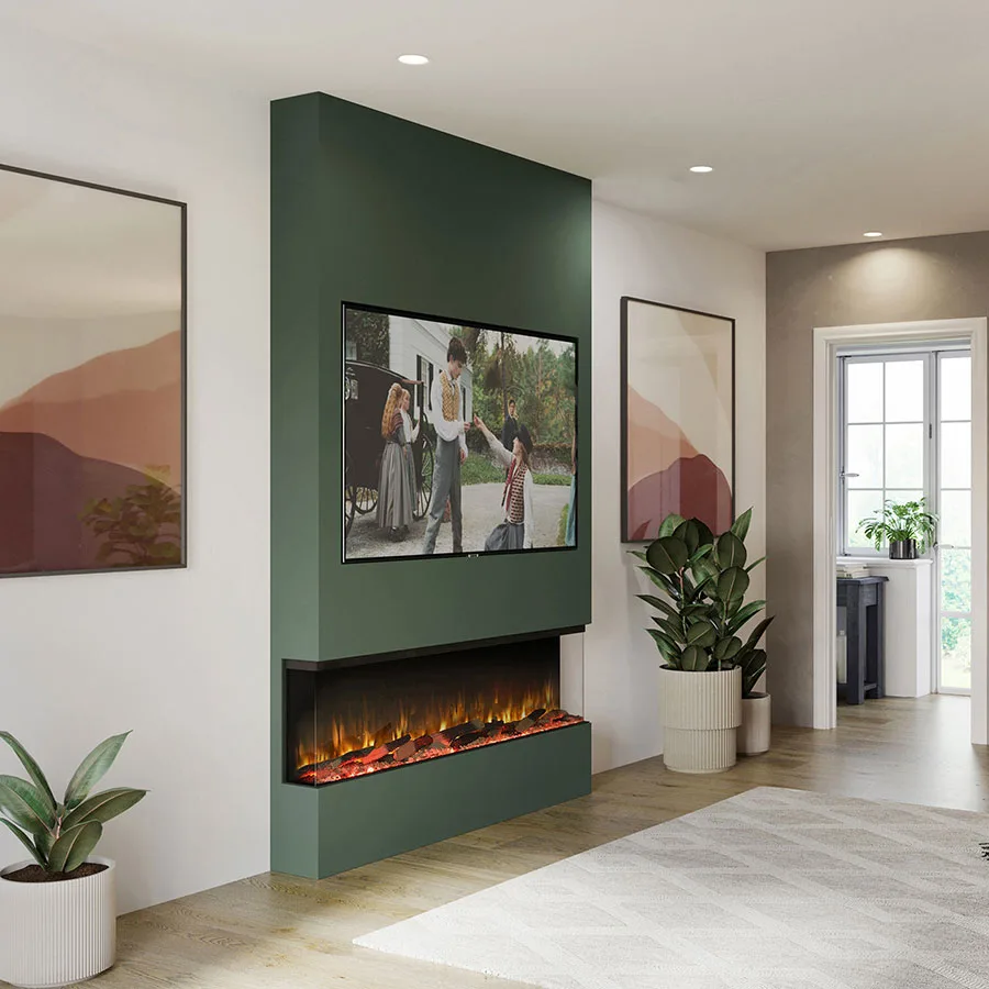 Firez Slimline 1500 panoramic electric fire in a media wall