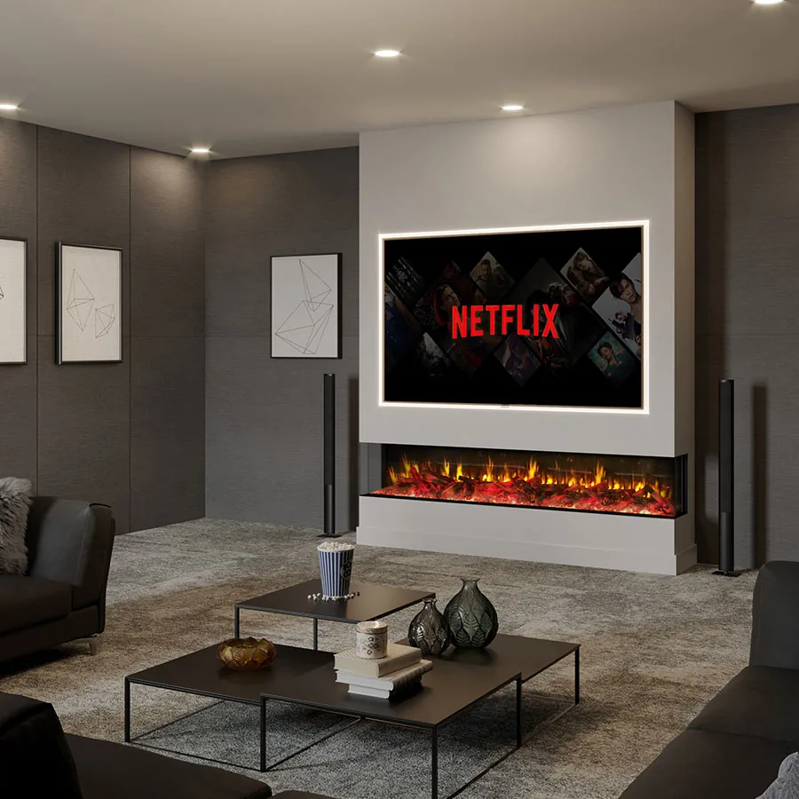 Firez 2200 panoramic electric fire in a large media wall