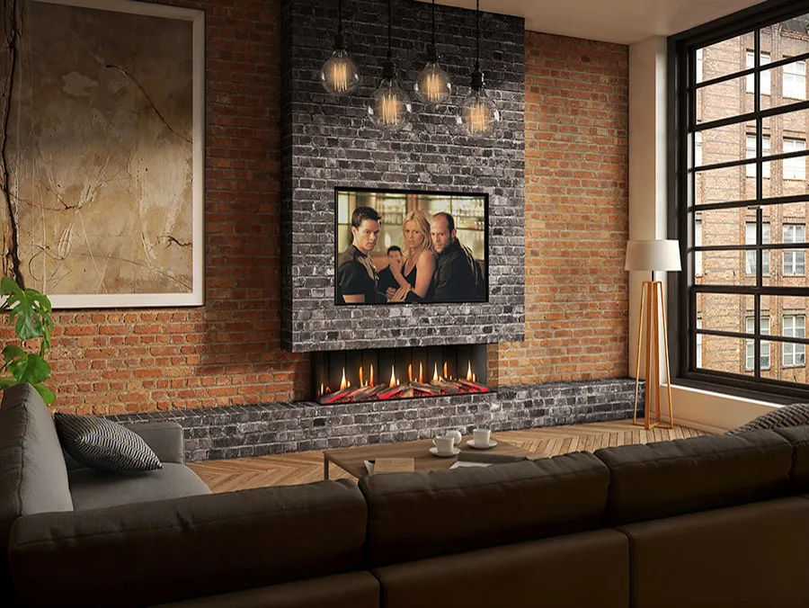 Firez Epitome LCD panoramic electric fire in a media wall