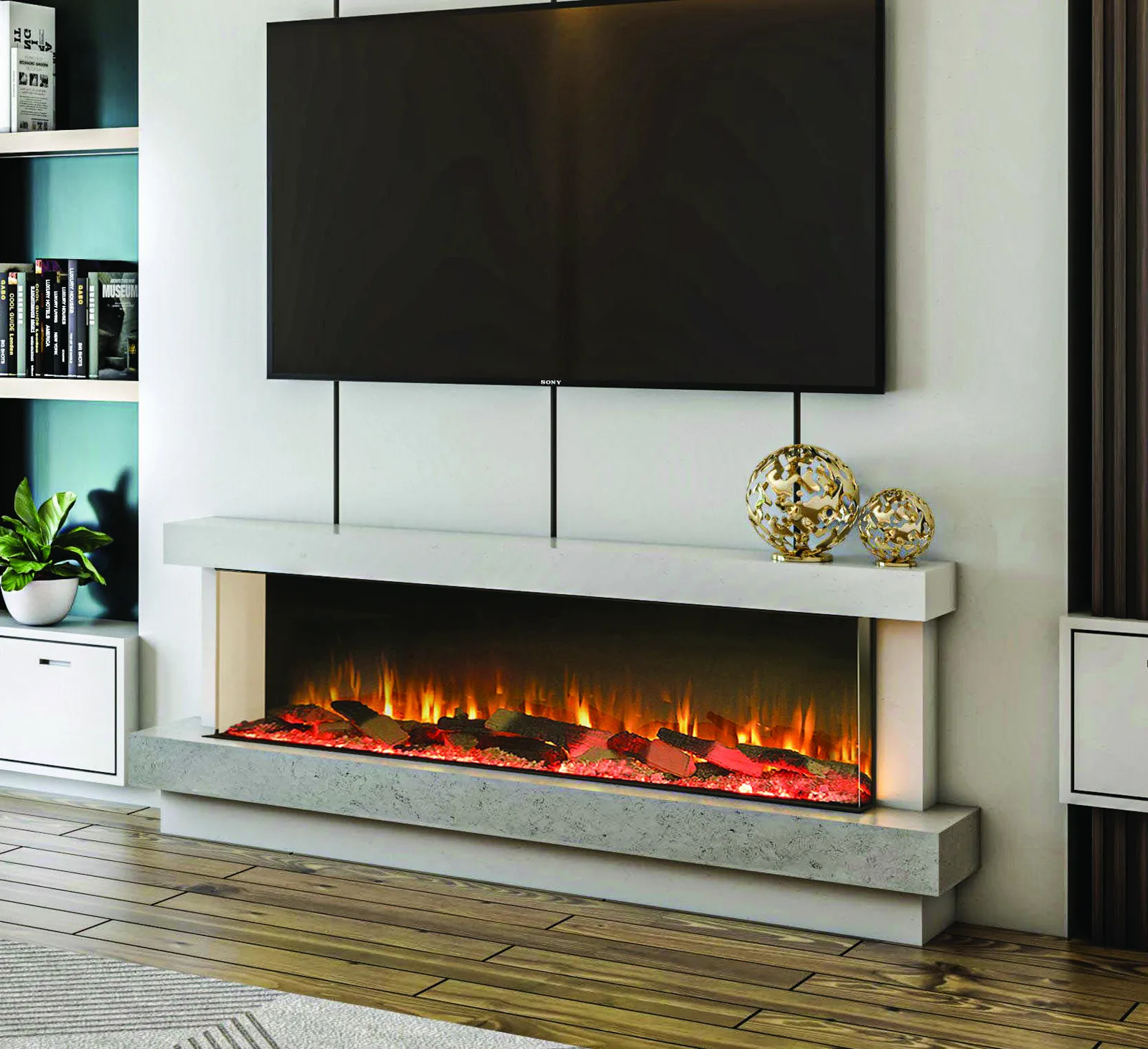 Heartlands Phoenix electric marble fireplace suite with 1500 wide Firez fire