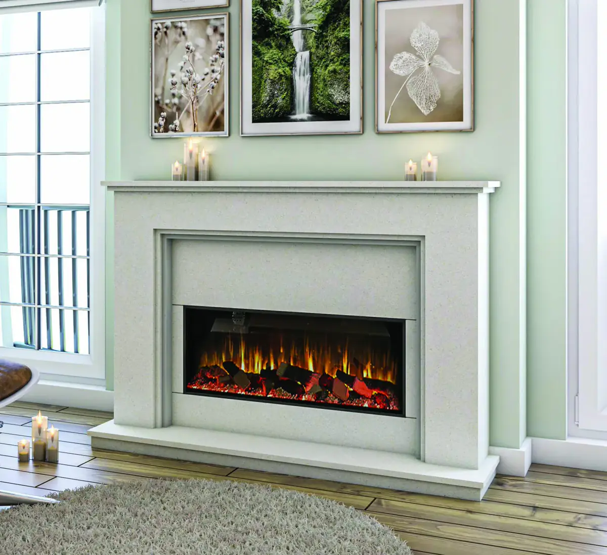 Heartlands Sedona electric marble fireplace suite in Polare White marble
