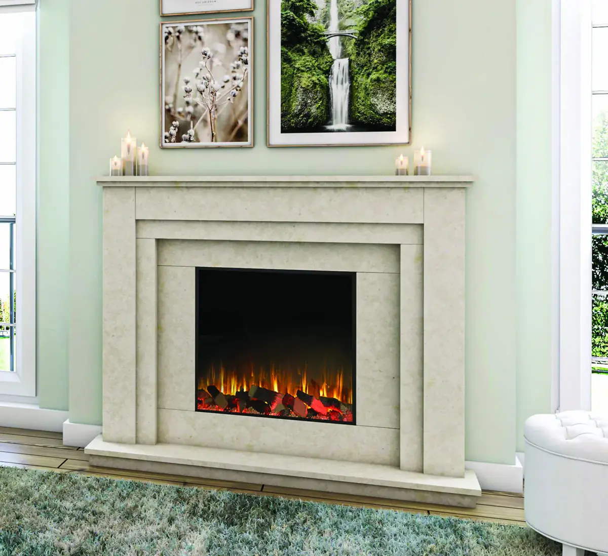 Heartlands Sierra electric marble fireplace suite in Rigel marble