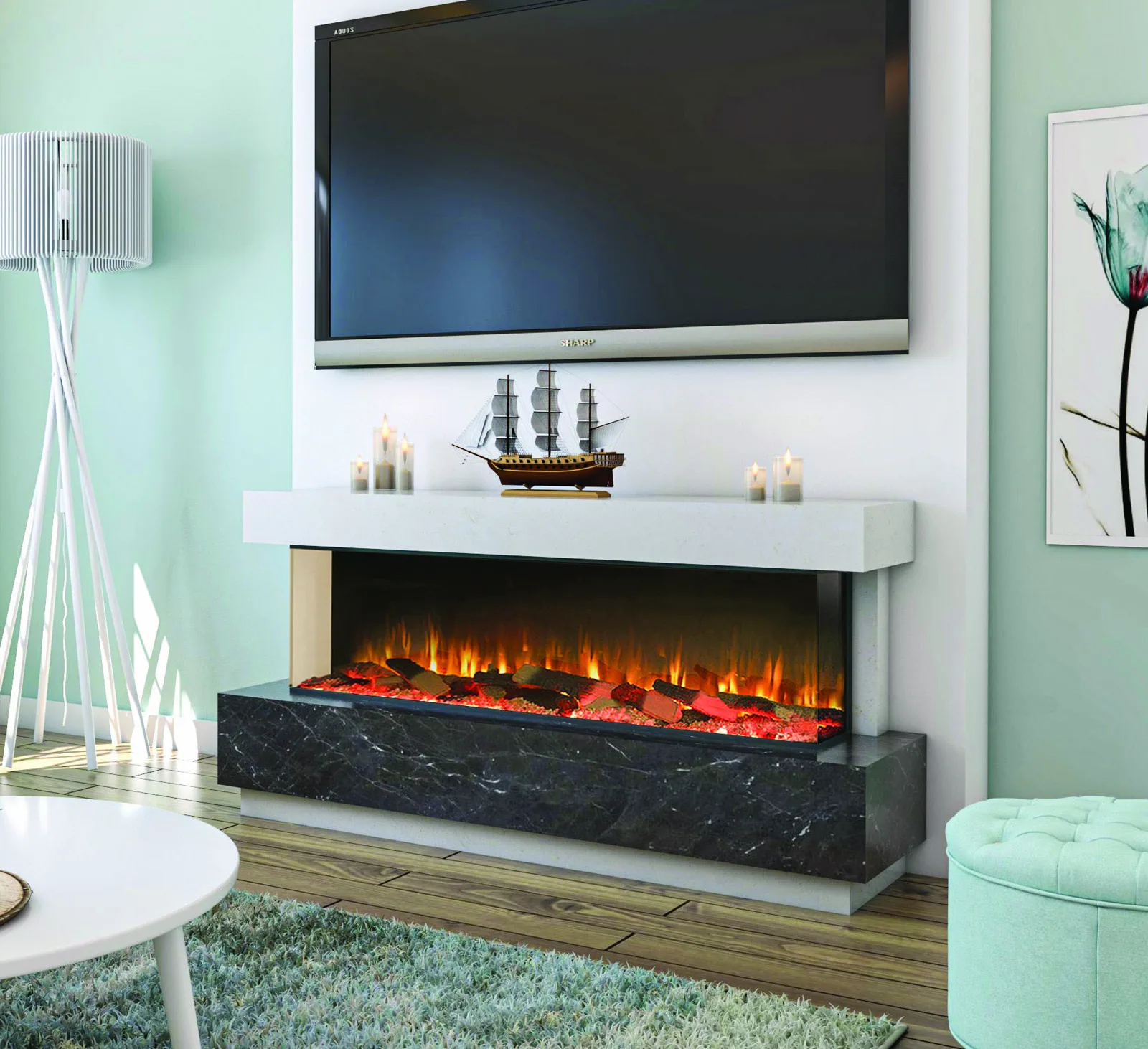 Heartlands Tucson electric marble fireplace suite with wide Firez fire