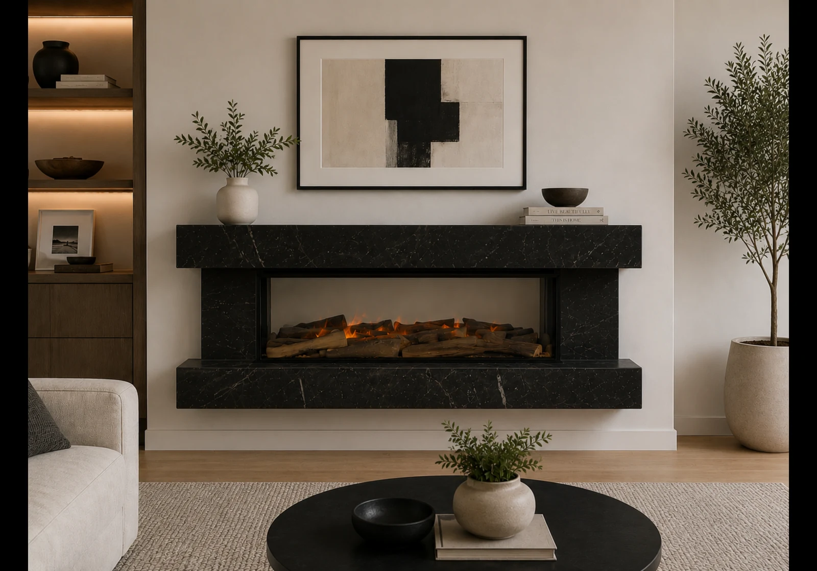 Sutton electric suite in Breccia Imperiale porcelain with a British Fires 870