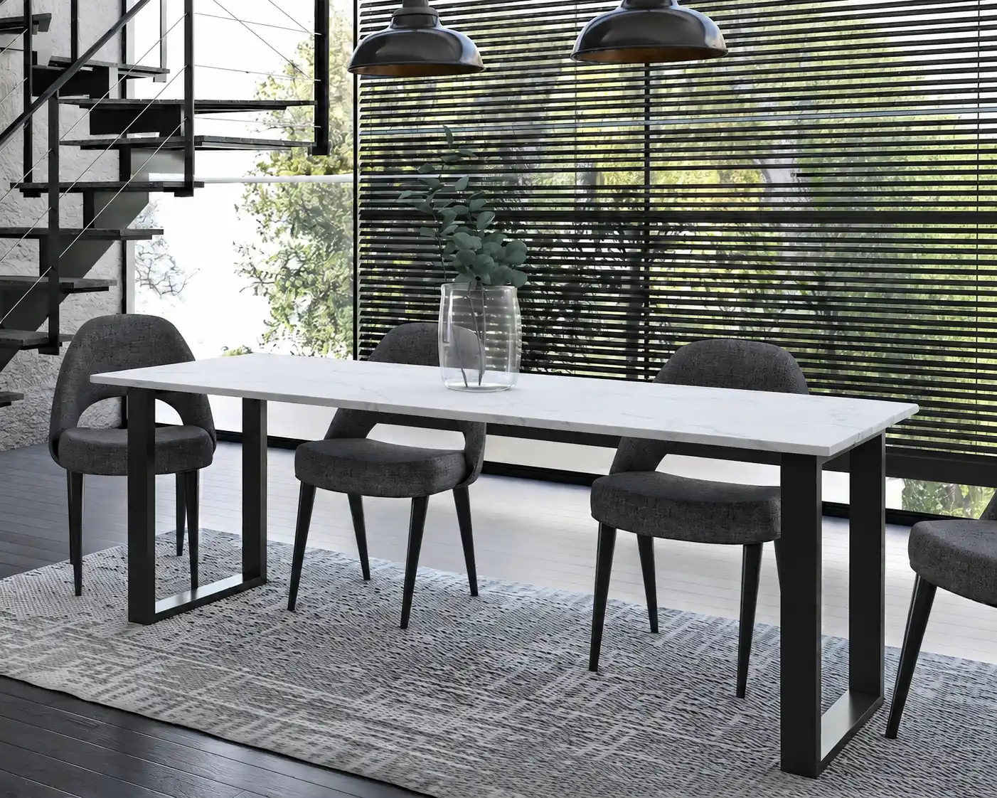 Carvello rectangular dining table shown in Avalanche quartz