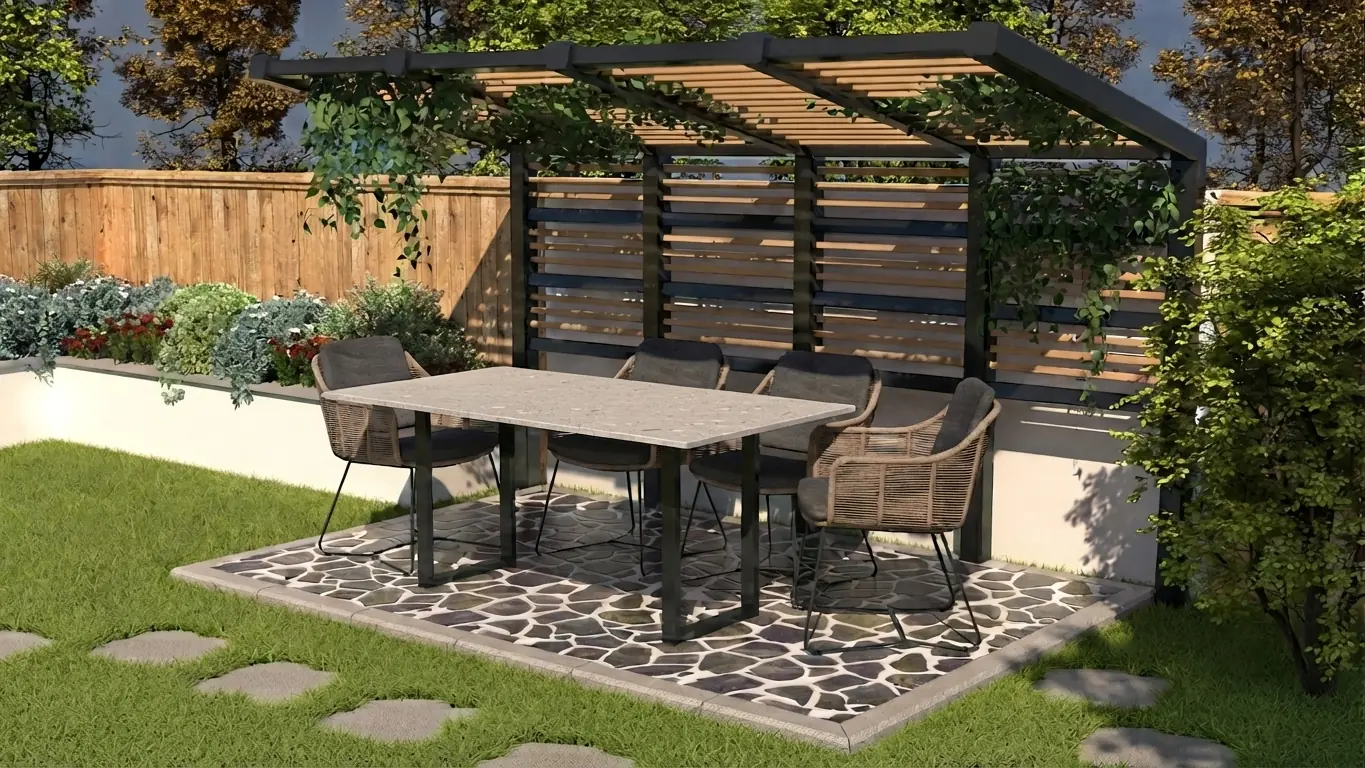 Outdoor stone dining table on a terrace
