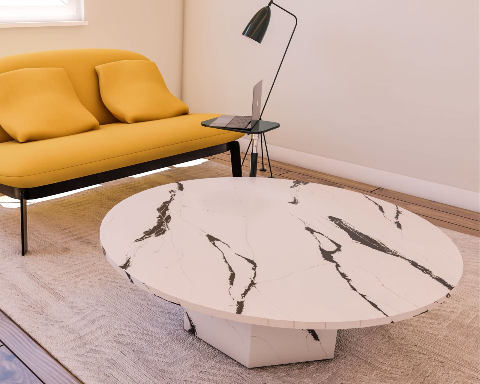 Cortona solid quartz coffee table with hexagonal base