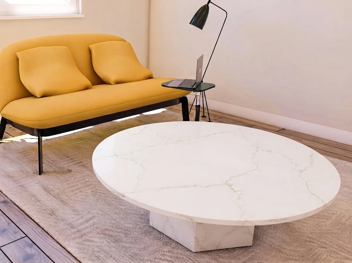 Cortona solid quartz coffee table with hexagonal base