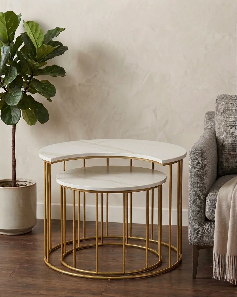 Crescent nesting tables shown in Calacatta Serrone quartz