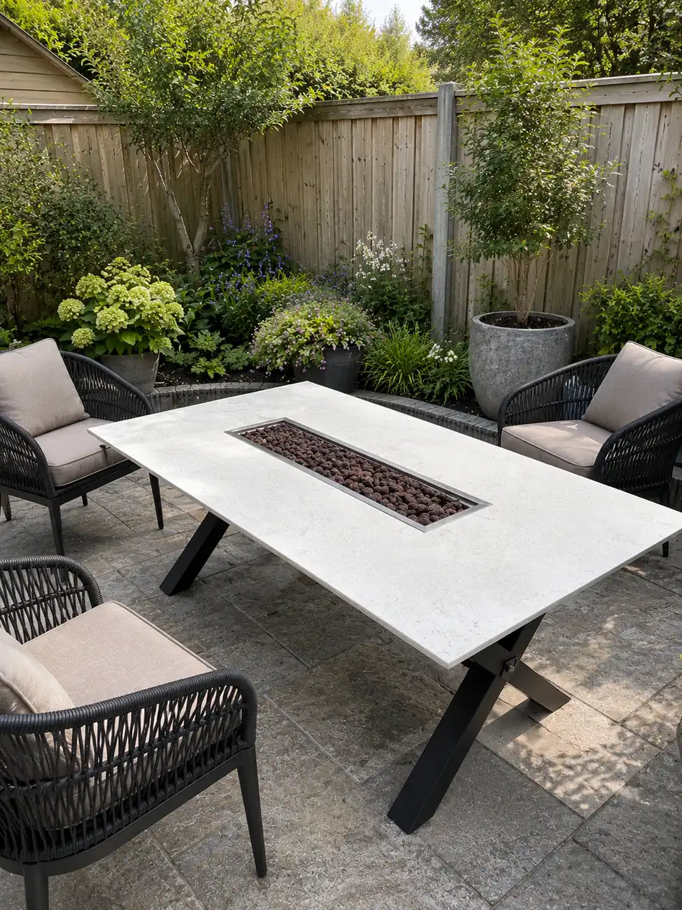 Outdoor stone dining table with built-in gas burner