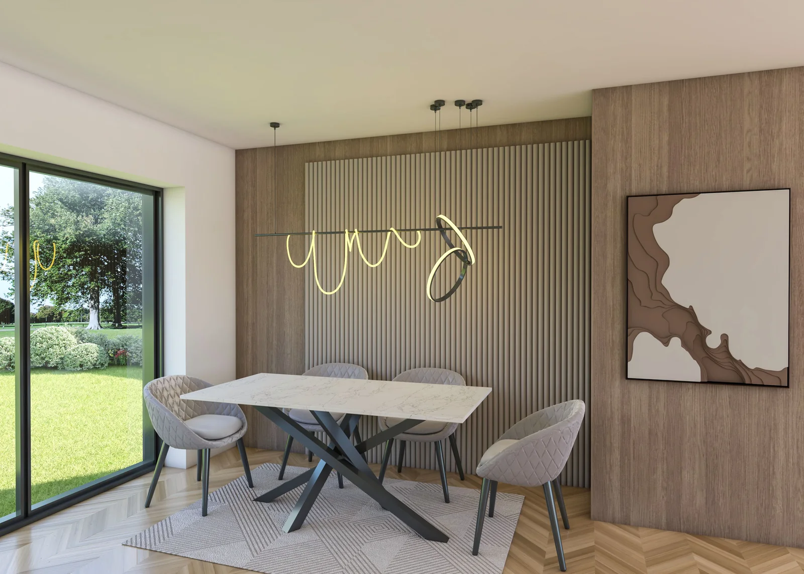 Haytor dining table shown in Bianco Gold quartz with aluminium legs