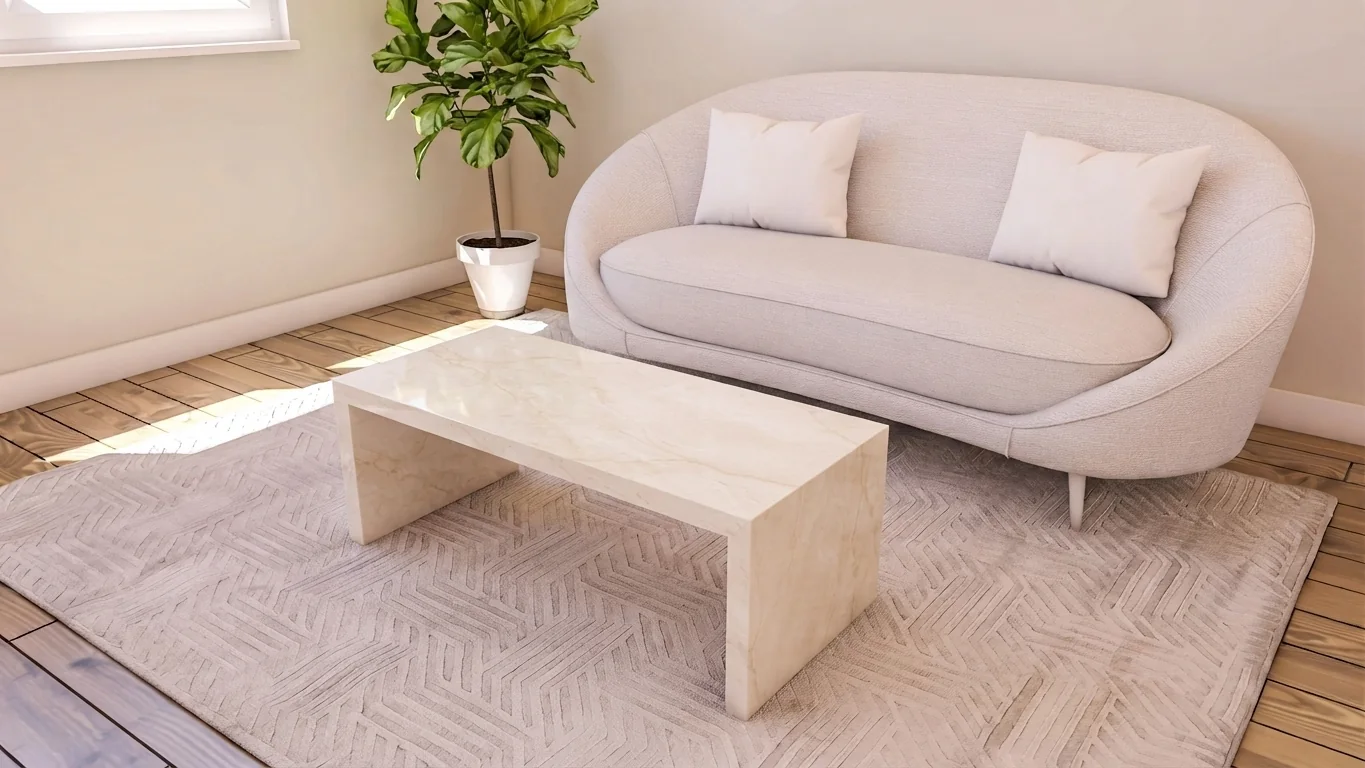 Mesa chunky quartz coffee table shown in Taj Mahal quartz
