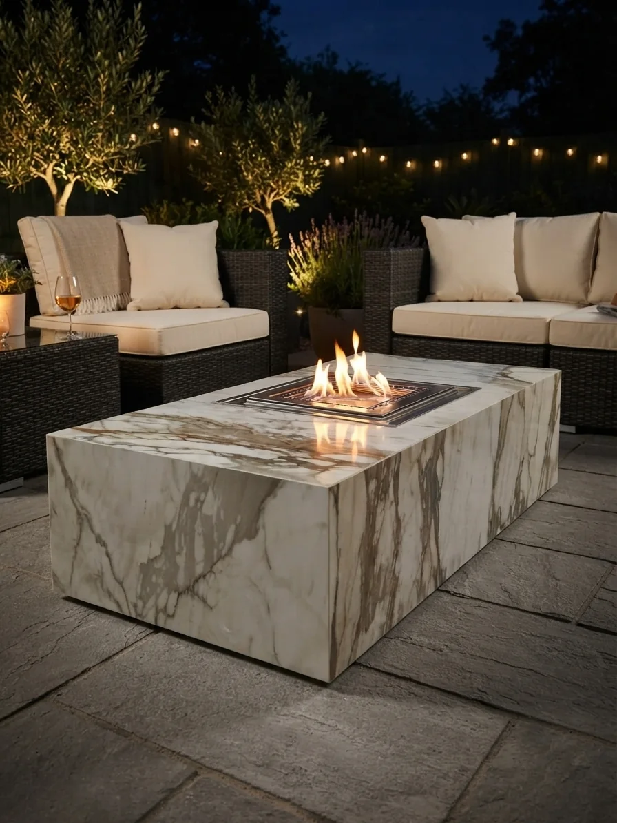 Outdoor bioethanol fire pit 1200 x 600mm shown in Calacatta Vena Vecchia porcelain