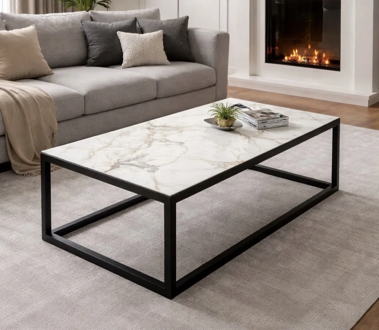 Riva coffee table shown in Calacatta Extra porcelain