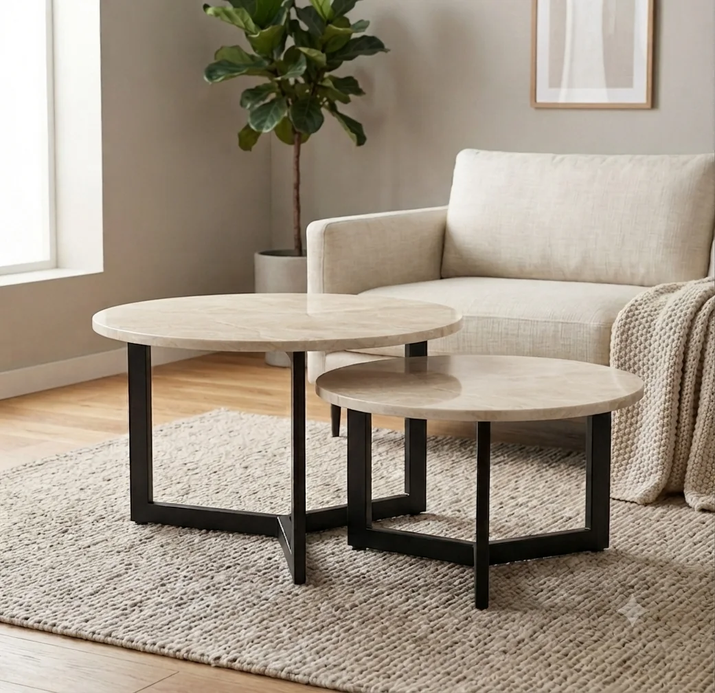 Round nesting tables shown in Taj Mahal quartz