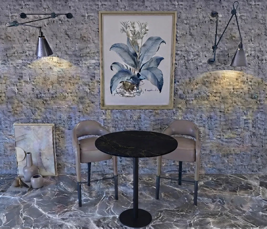 Round pedestal dining table shown in Noir Gold porcelain
