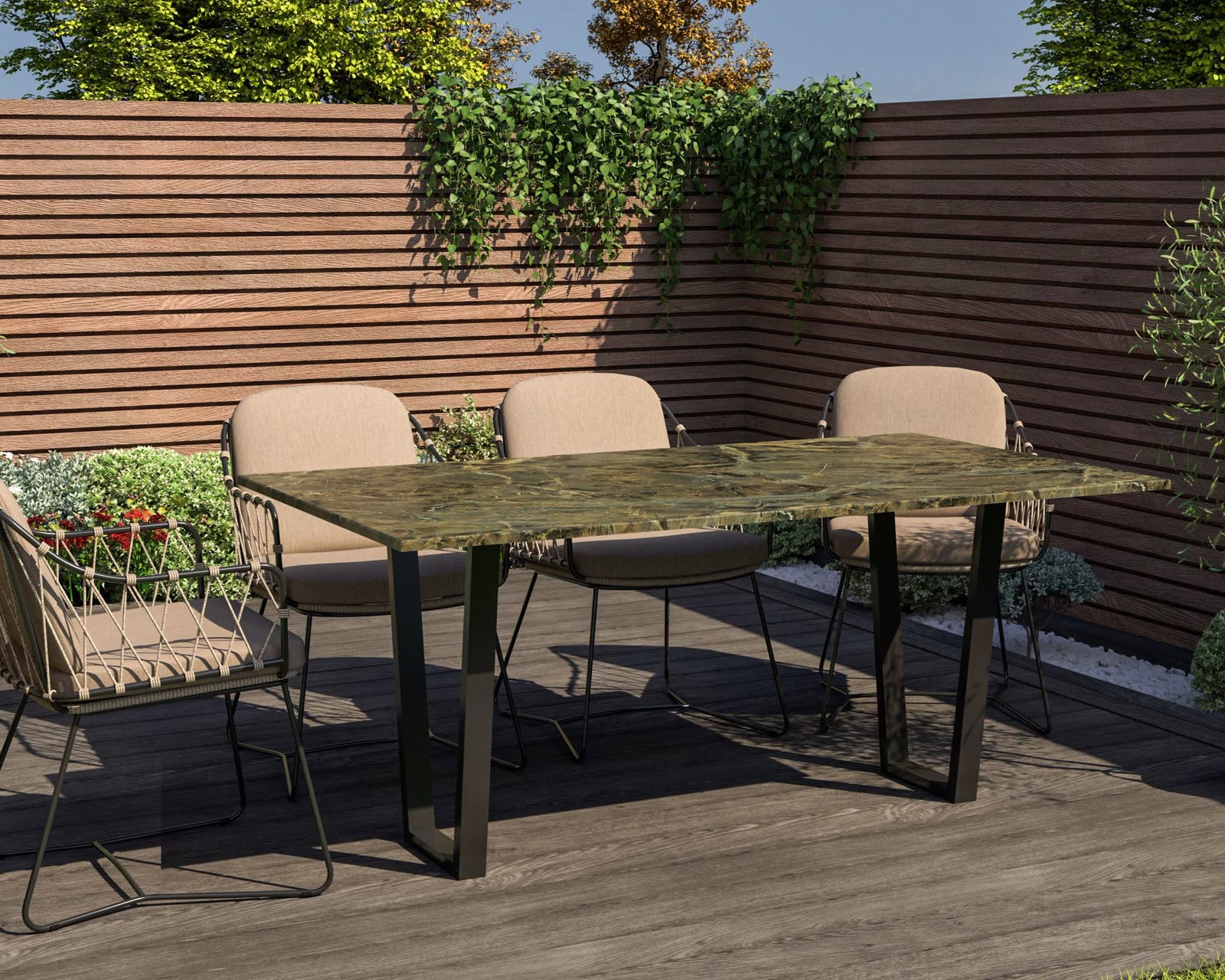 Trapezium outdoor stone dining table with angled legs