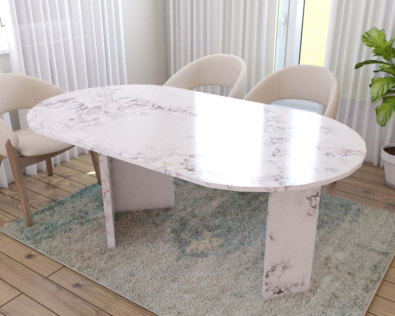 Veneto oval quartz dining table with V-shaped legs