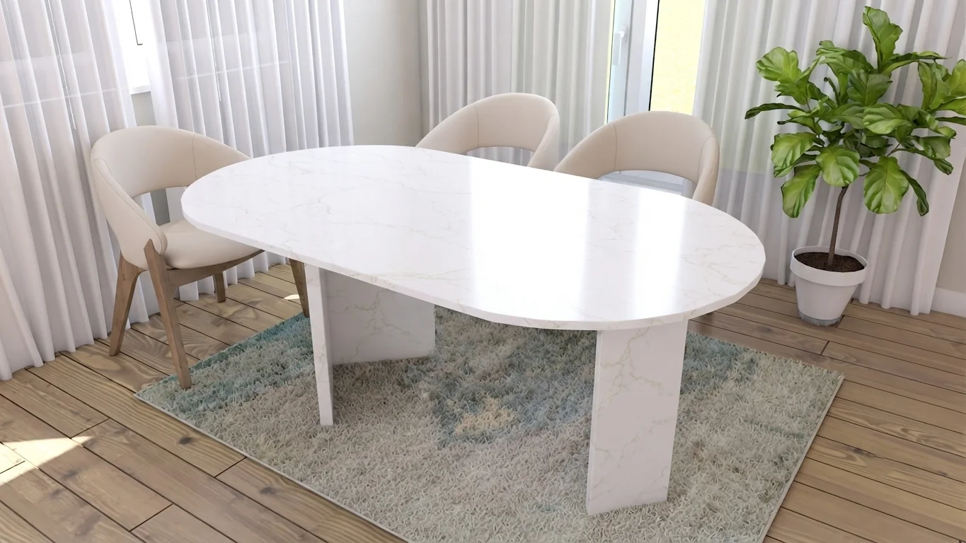 Stone table surface showing a marble-style finish