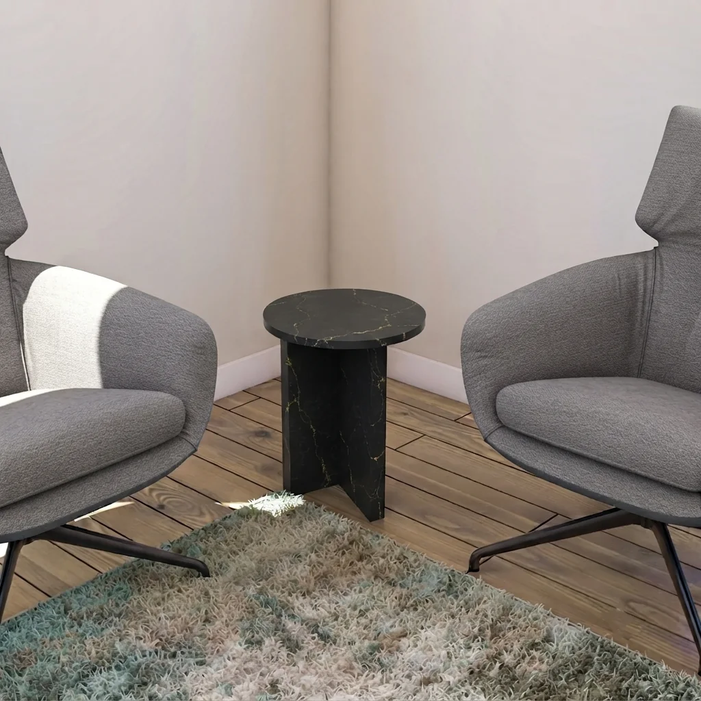 Volta side table shown in Noir Gold quartz with T-shaped legs