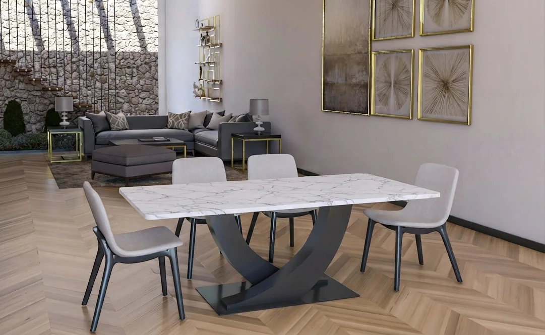 Windsor curved-base dining table shown in Calacatta Serrone quartz